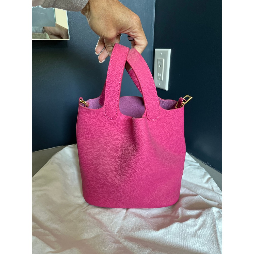 Genuine Leather Hot Pink Bucket Bag Luxury Style Tote Handbag Boho Chic NEW - Picture 3 of 12